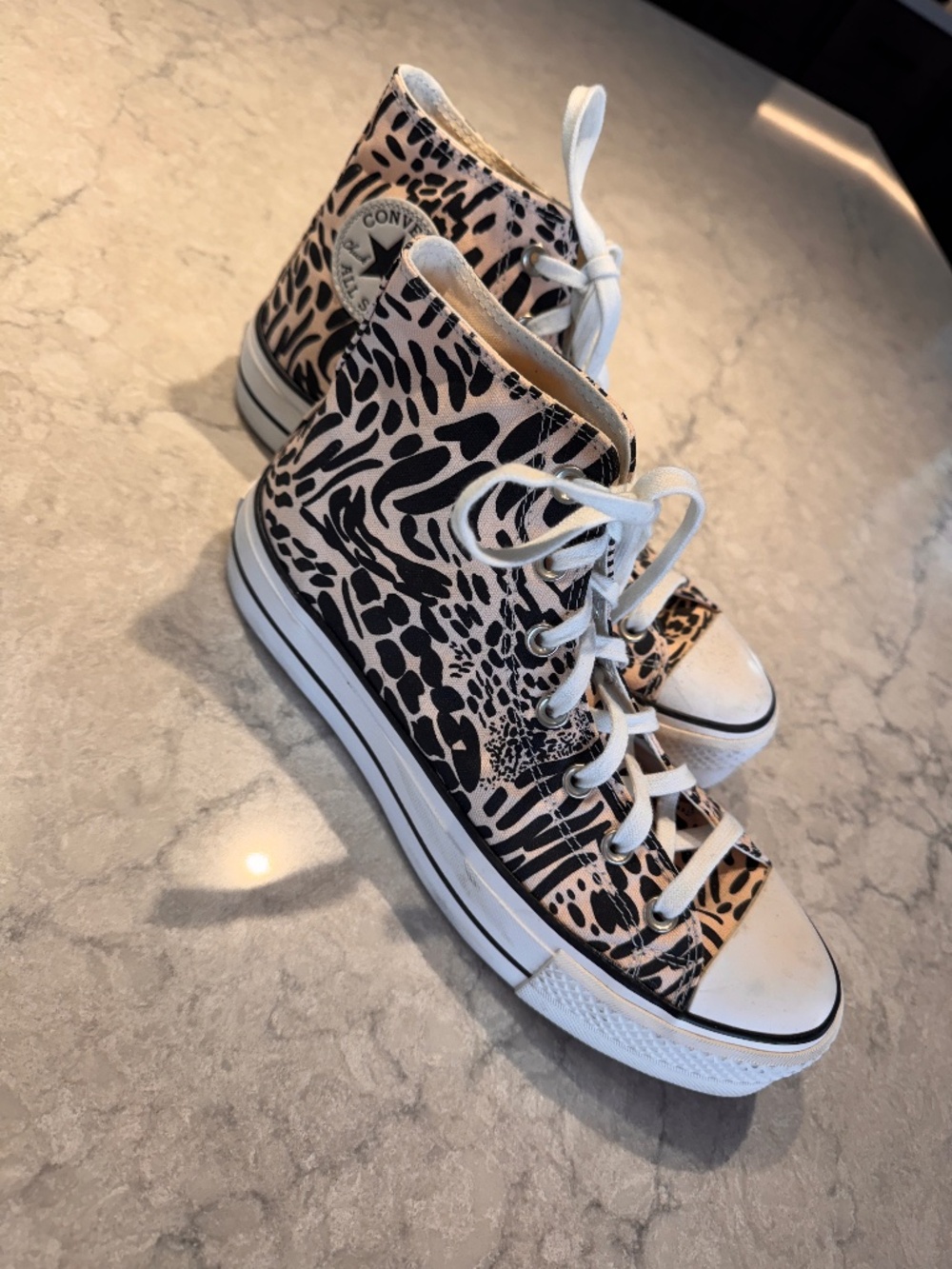 Converse Black and Cream High-Top Sneakers with Zebra Pattern